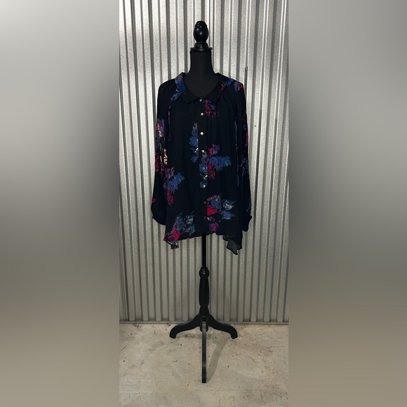 Women’s Free People Black Blue Button Down Long Sleeve Floral Mini Dress Small - Picture 1 of 4